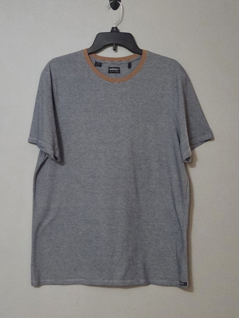 Buffalo David Bitton Weare Denim Blue Striped with Tan Neck Line Tshirt Size XL